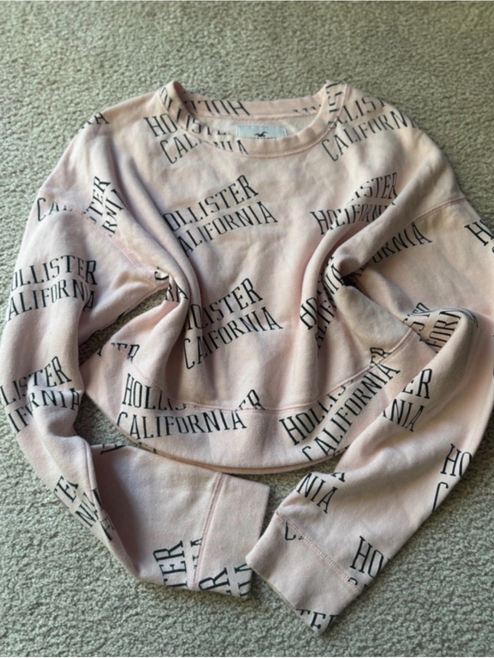 Hollister Pale Pink All-Over Logo Cropped Crewneck y2k